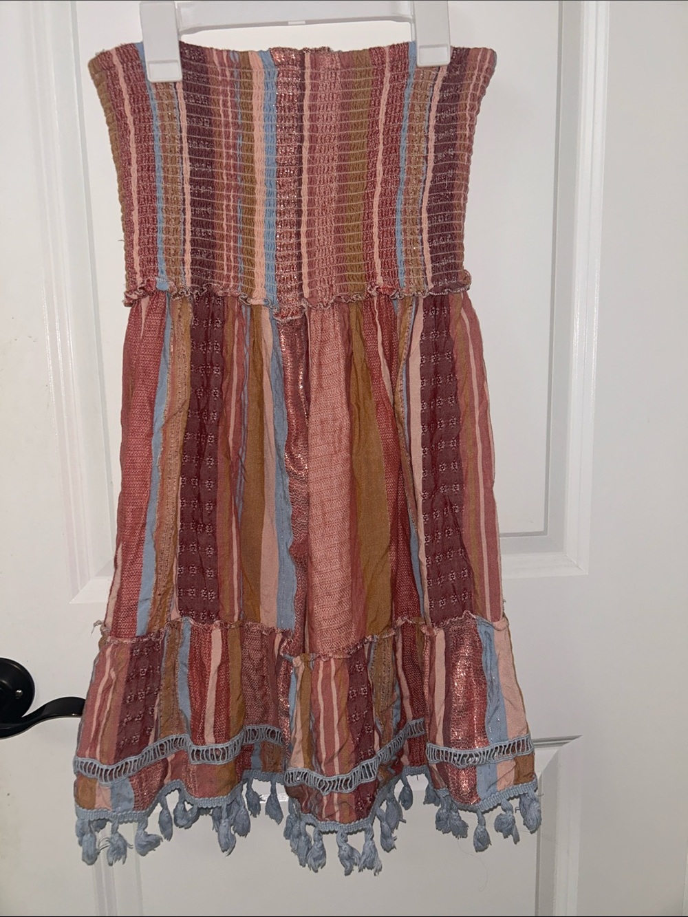 blue island Striped Smocked Mini Dress in Pink, Rust & Blue